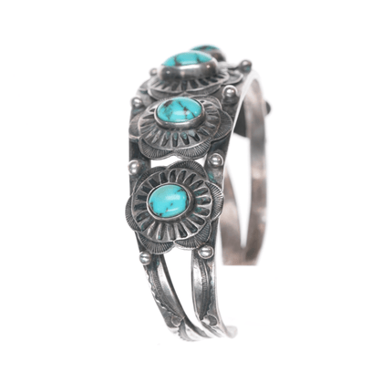 6.5" 20's - 30's Navajo Ingot silver hand stamped conchos turquoise cuff bracelet - Estate Fresh Austin