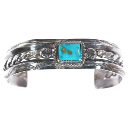 6.5" 30's-40's Navajo carinated silver twisted wire cuff bracelet nice turquoise - Estate Fresh Austin