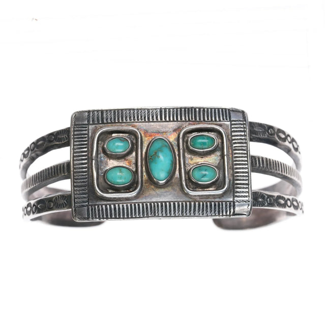 6.5" 30's-40's Navajo silver cuff bracelet w/ 5 nice turquoise - Estate Fresh Austin
