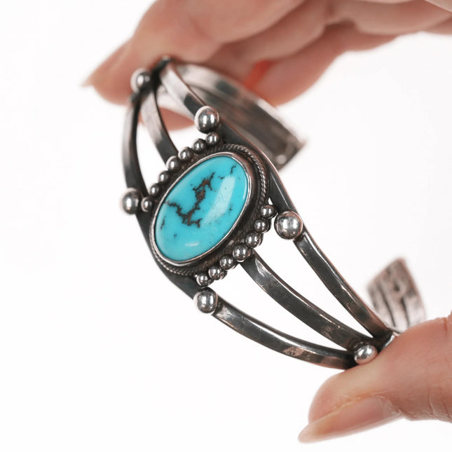 6.5" 30's-40's Navajo silver cuff bracelet with turquoise - Estate Fresh Austin
