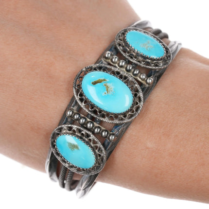6.5" 40's-50's Native American silver cuff bracelet with nice turquoise - Estate Fresh Austin