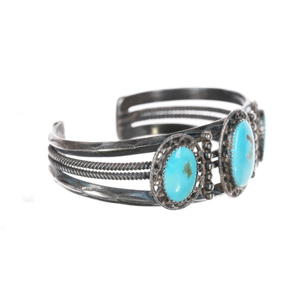 6.5" 40's-50's Native American silver cuff bracelet with nice turquoise - Estate Fresh Austin