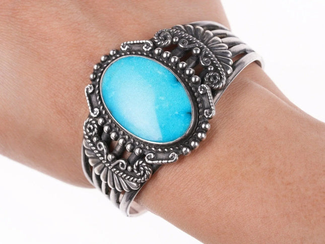 6.5" 40's-50's Navajo Hand Stamped silver and turquoise bracelet - Estate Fresh Austin