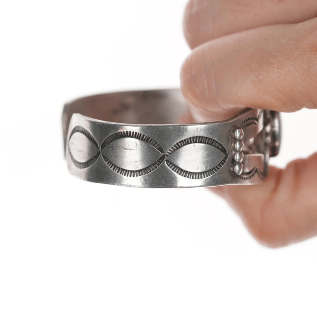 6.5" 40's-50's Navajo silver turquoise hand stamped cuff bracelet - Estate Fresh Austin