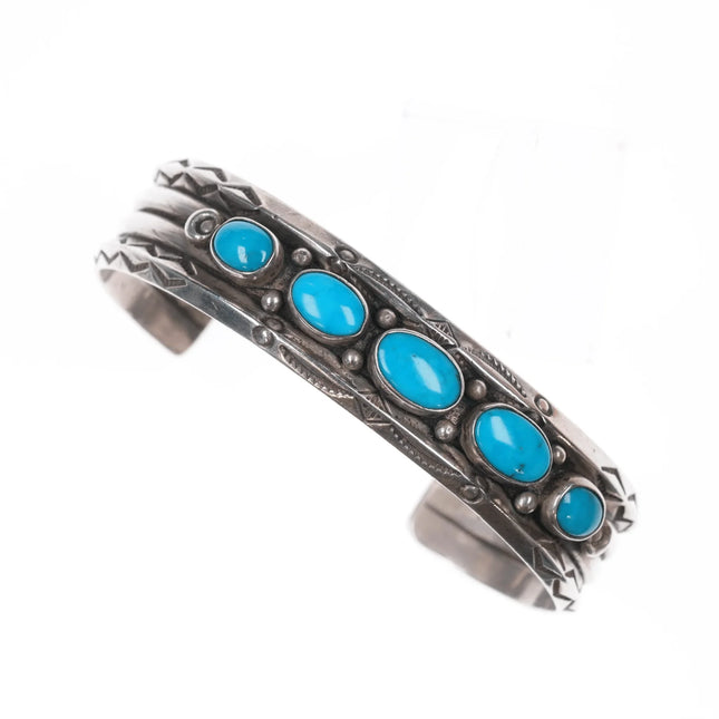 6.5" 40's-50's Navajo stamped carinated silver turquoise row cuff bracelet - Estate Fresh Austin