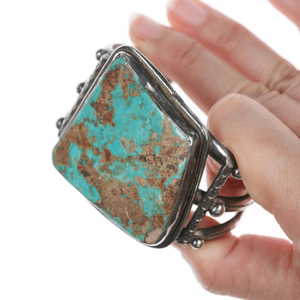 6.5" 40's-50's Navajo stamped silver cuff bracelet with large turquoise - Estate Fresh Austin