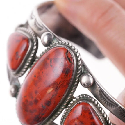 6.5" 40's-50's Navajo Stamped silver red jasper bracelet - Estate Fresh Austin