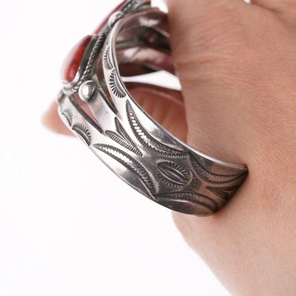 6.5" 40's-50's Navajo Stamped silver red jasper bracelet - Estate Fresh Austin