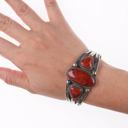 6.5" 40's-50's Navajo Stamped silver red jasper bracelet - Estate Fresh Austin