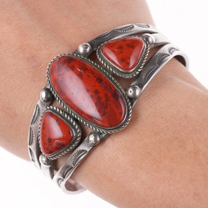 6.5" 40's-50's Navajo Stamped silver red jasper bracelet - Estate Fresh Austin