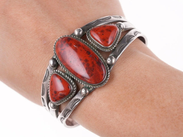 6.5" 40's-50's Navajo Stamped silver red jasper bracelet - Estate Fresh Austin