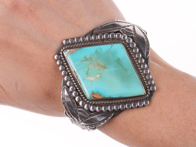 6.5" 40's - 50's Navajo Stamped silver twisted wire bracelet with turquoise - Estate Fresh Austin