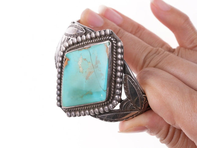6.5" 40's-50's Navajo Stamped silver twisted wire bracelet with turquoise - Estate Fresh Austin