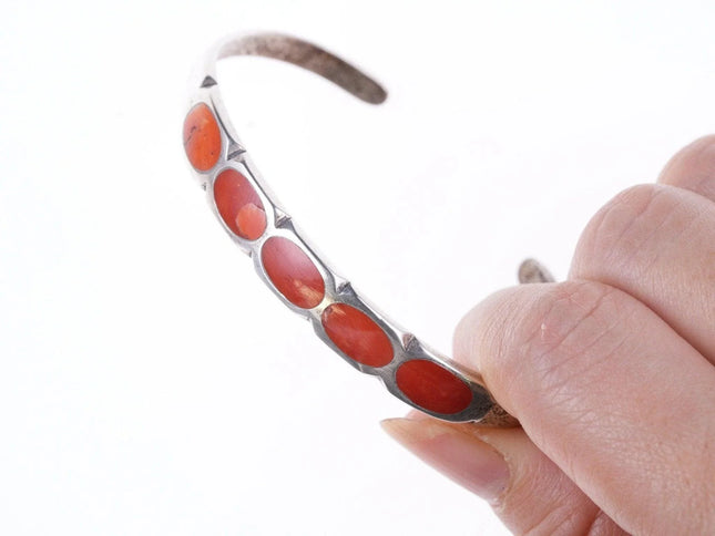 6.5" 40's-50's Zuni Flush inlay coral tufa cast silver bracelet - Estate Fresh Austin