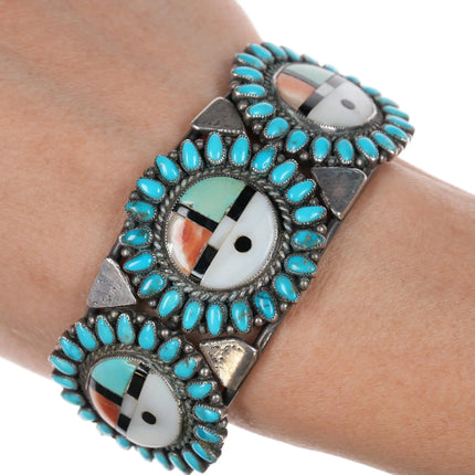 6.5" 40's-50's Zuni sterling sunface channel inlay turquoise cuff bracelet - Estate Fresh Austin
