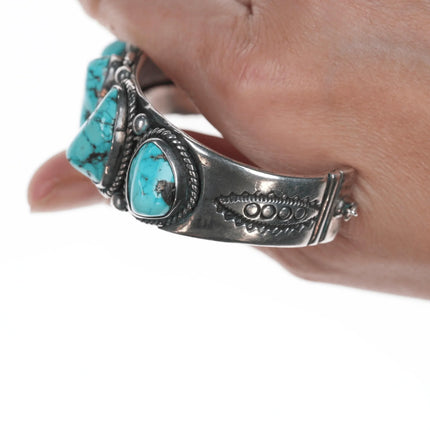 6.5" 50's-60's Navajo row cuff bracelet with hand stamped silver sides - Estate Fresh Austin