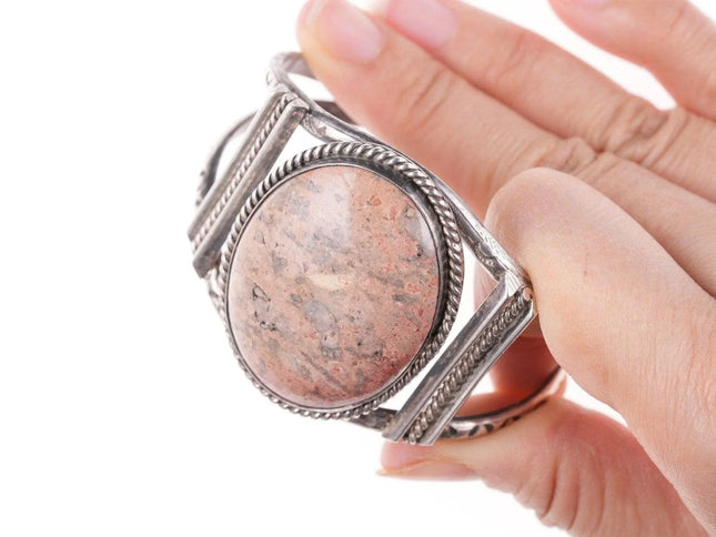 6.5" 50's-60's Navajo Stamped Silver bracelet with petrified wood - Estate Fresh Austin