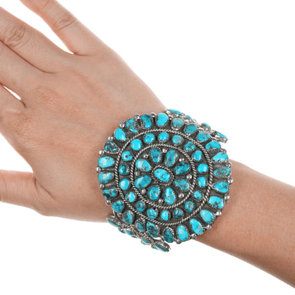 6.5" 60's-70's large Native American Sterling turquoise cluster cuff bracelet - Estate Fresh Austin