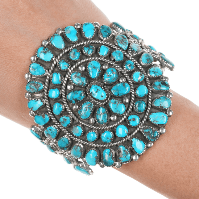 6.5" 60's - 70's large Native American Sterling turquoise cluster cuff bracelet - Estate Fresh Austin