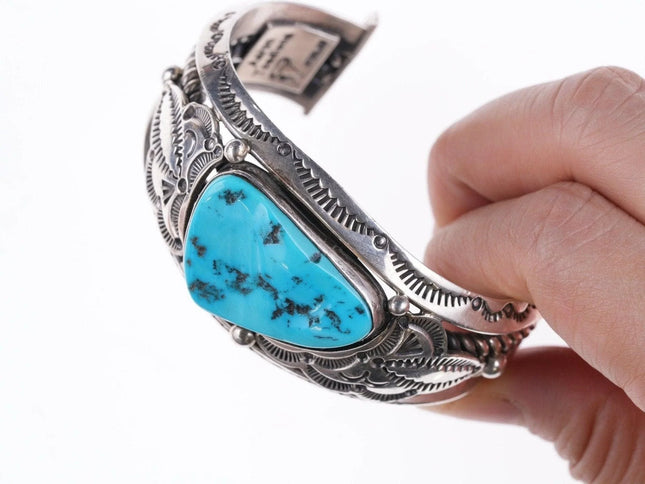 6.5" Aaron Toadlena Navajo Turquoise Stamped sterling silver cuff bracelet - Estate Fresh Austin