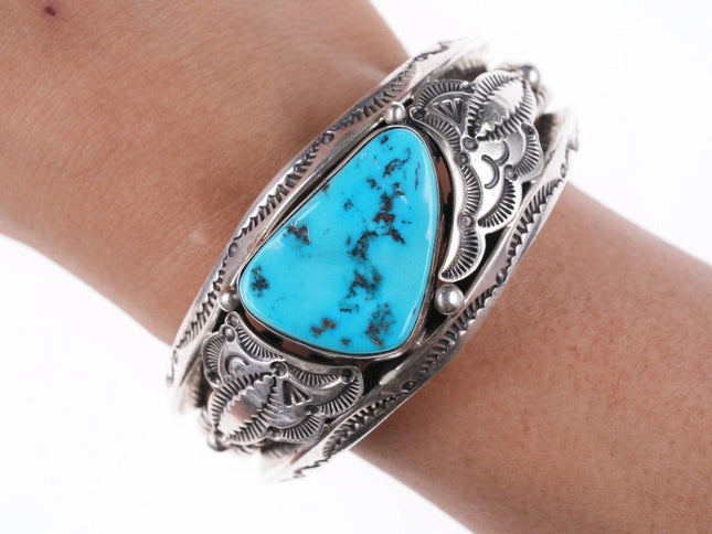 6.5" Aaron Toadlena Navajo Turquoise Stamped sterling silver cuff bracelet - Estate Fresh Austin