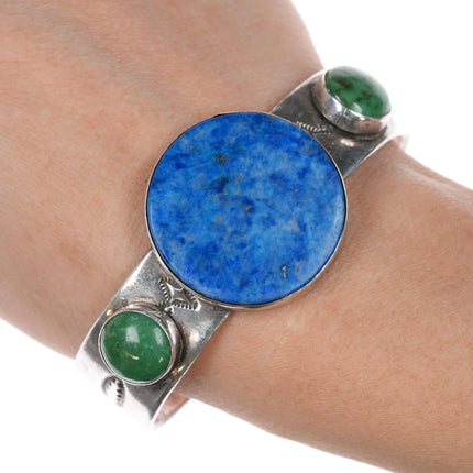 6.5" Anderson Parkett Navajo sterling, green turquoise denim lapis cuff bracelet - Estate Fresh Austin