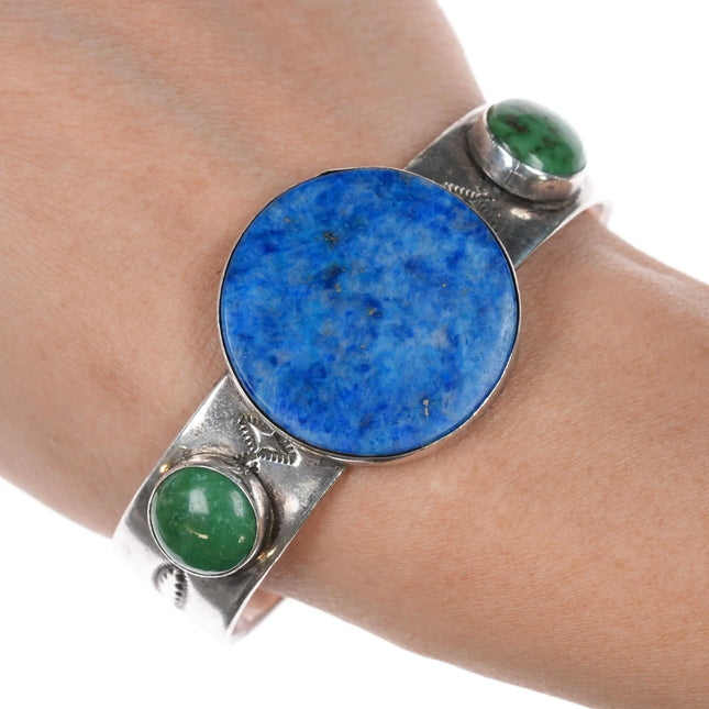 6.5" Anderson Parkett Navajo sterling, green turquoise denim lapis cuff bracelet - Estate Fresh Austin