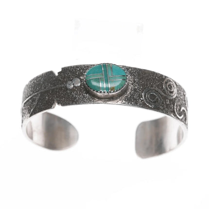 6.5" Andrew Henry Navajo sterling petroglyph turquoise channel inlay cuff bracelet - Estate Fresh Austin