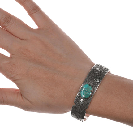 6.5" Andrew Henry Navajo sterling petroglyph turquoise channel inlay cuff bracelet - Estate Fresh Austin