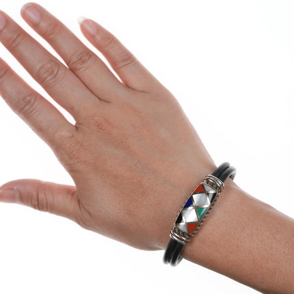 6.5" Asch Grossbardt 18k/Sterling Multi-stone inlay rubber band bracelet - Estate Fresh Austin