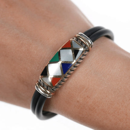 6.5" Asch Grossbardt 18k/Sterling Multi-stone inlay rubber band bracelet - Estate Fresh Austin