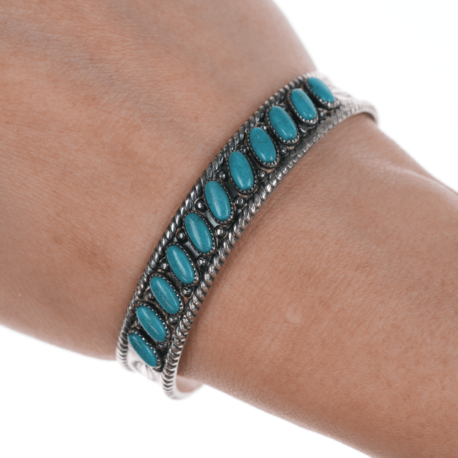 6.5" Bell Trading post Navajo Curio sterling and turquoise row cuff bracelet - Estate Fresh Austin