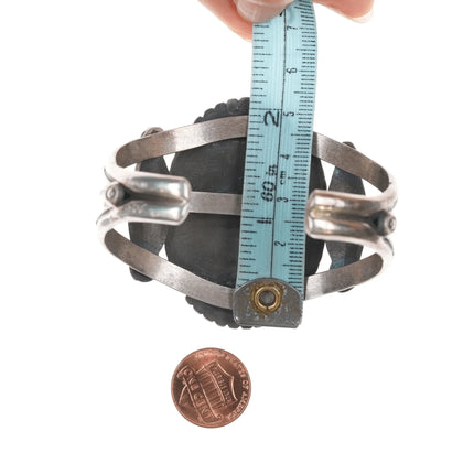 6.5" Bev Etsate Zuni inlaid plaque in Navajo heavy stamped silver cuff bracelet - Estate Fresh Austin