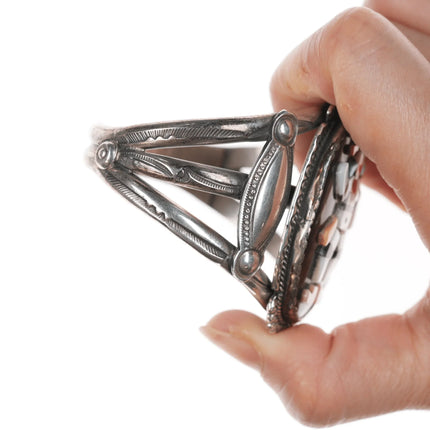 6.5" Bev Etsate Zuni inlaid plaque in Navajo heavy stamped silver cuff bracelet - Estate Fresh Austin