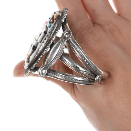 6.5" Bev Etsate Zuni inlaid plaque in Navajo heavy stamped silver cuff bracelet - Estate Fresh Austin