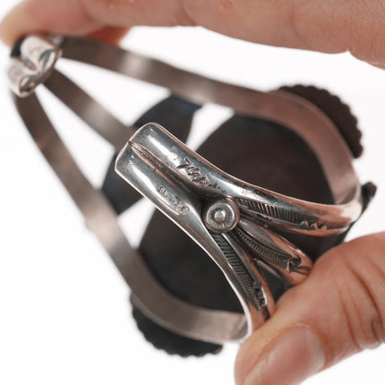 6.5" Bev Etsate Zuni inlaid plaque in Navajo heavy stamped silver cuff bracelet - Estate Fresh Austin