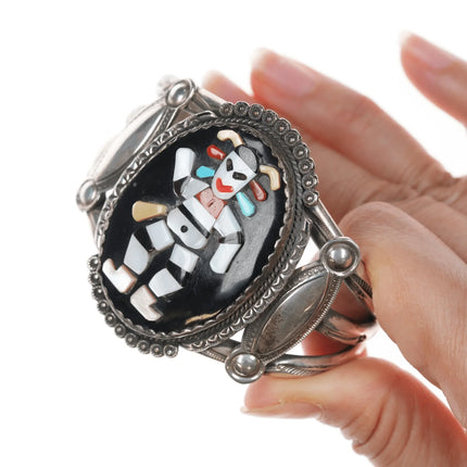 6.5" Bev Etsate Zuni inlaid plaque in Navajo heavy stamped silver cuff bracelet - Estate Fresh Austin