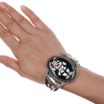 6.5" Bev Etsate Zuni inlaid plaque in Navajo heavy stamped silver cuff bracelet - Estate Fresh Austin