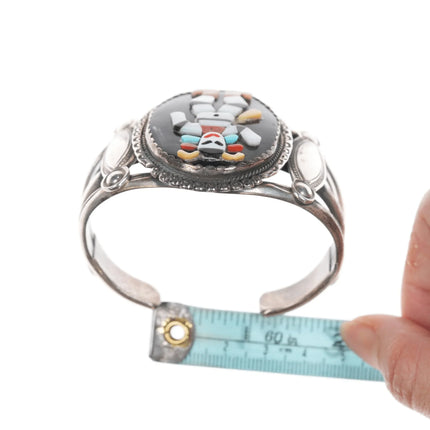 6.5" Bev Etsate Zuni inlaid plaque in Navajo heavy stamped silver cuff bracelet - Estate Fresh Austin
