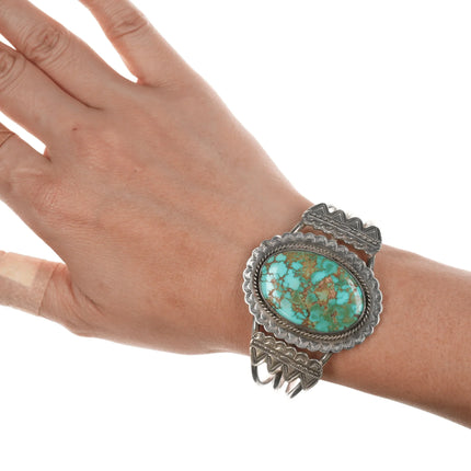 6.5" c 1930's Ingot silver high grade turquoise cuff bracelet - Estate Fresh Austin