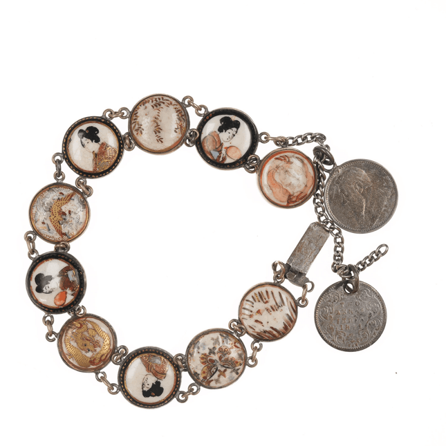 6.5" c1900 Meiji Japanese Satsuma bracelet w/1874, 1897 coins - Estate Fresh Austin