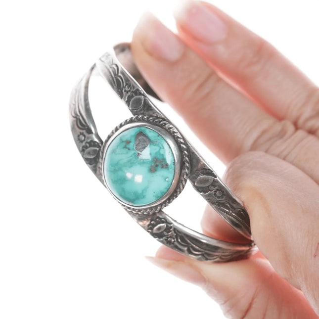 6.5" c1930's Navajo Hand stamped ingot silver cuff bracelet with turquoise - Estate Fresh Austin