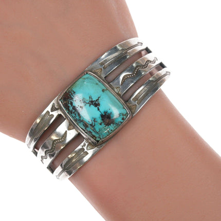 6.5" c1930's Navajo Ingot Silver and turquoise bracelet with whirling logs - Estate Fresh Austin