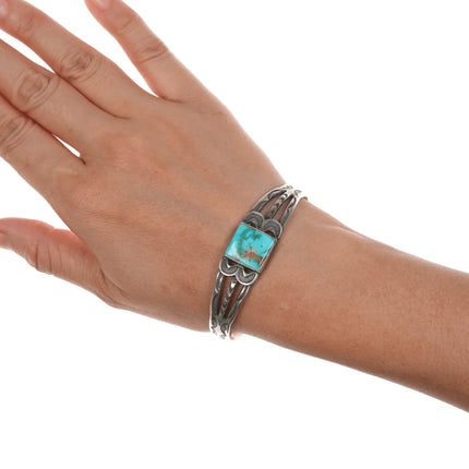 6.5" c1930's Navajo ingot silver cuff bracelet with turquoise. - Estate Fresh Austin