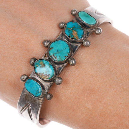 6.5" c1930's Navajo silver blue gem turquoise row cuff bracelet - Estate Fresh Austin