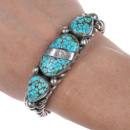 6.5" c1940's Navajo #8 Turquoise twisted silver wire cuff bracelet - Estate Fresh Austin