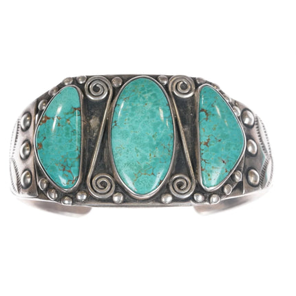 6.5" c1940's Navajo silver cuff bracelet w/three large turquoise - Estate Fresh Austin