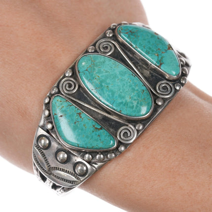 6.5" c1940's Navajo silver cuff bracelet w/three large turquoise - Estate Fresh Austin
