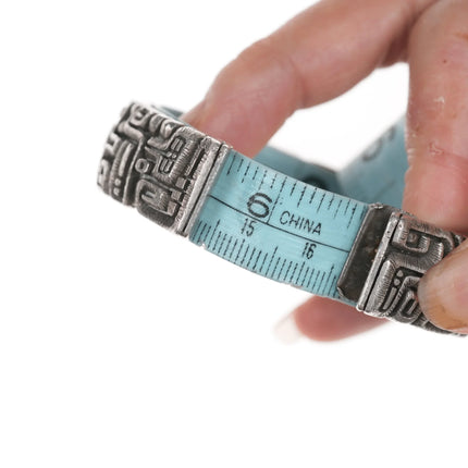 6.5" c1974 Luis Mojica Tufa Cast silver Lapis, Sodalite, and shell inlaid cuff bracelet - Estate Fresh Austin