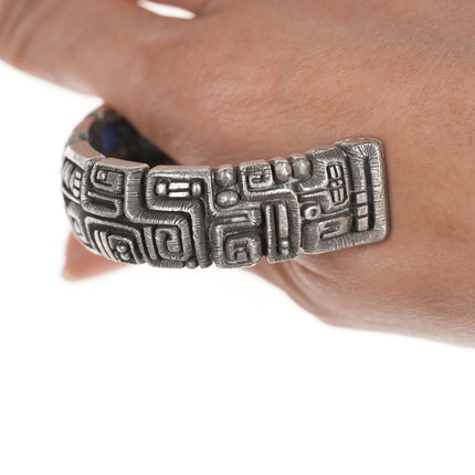 6.5" c1974 Luis Mojica Tufa Cast silver Lapis, Sodalite, and shell inlaid cuff bracelet - Estate Fresh Austin